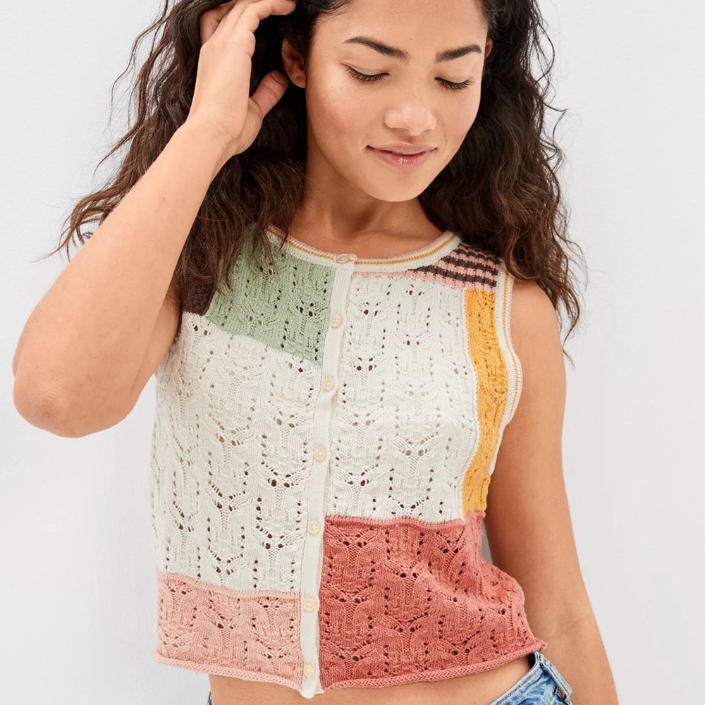 American Eagle Outfitters Multicolor Crochet Patchwork Button-Front Tank XS